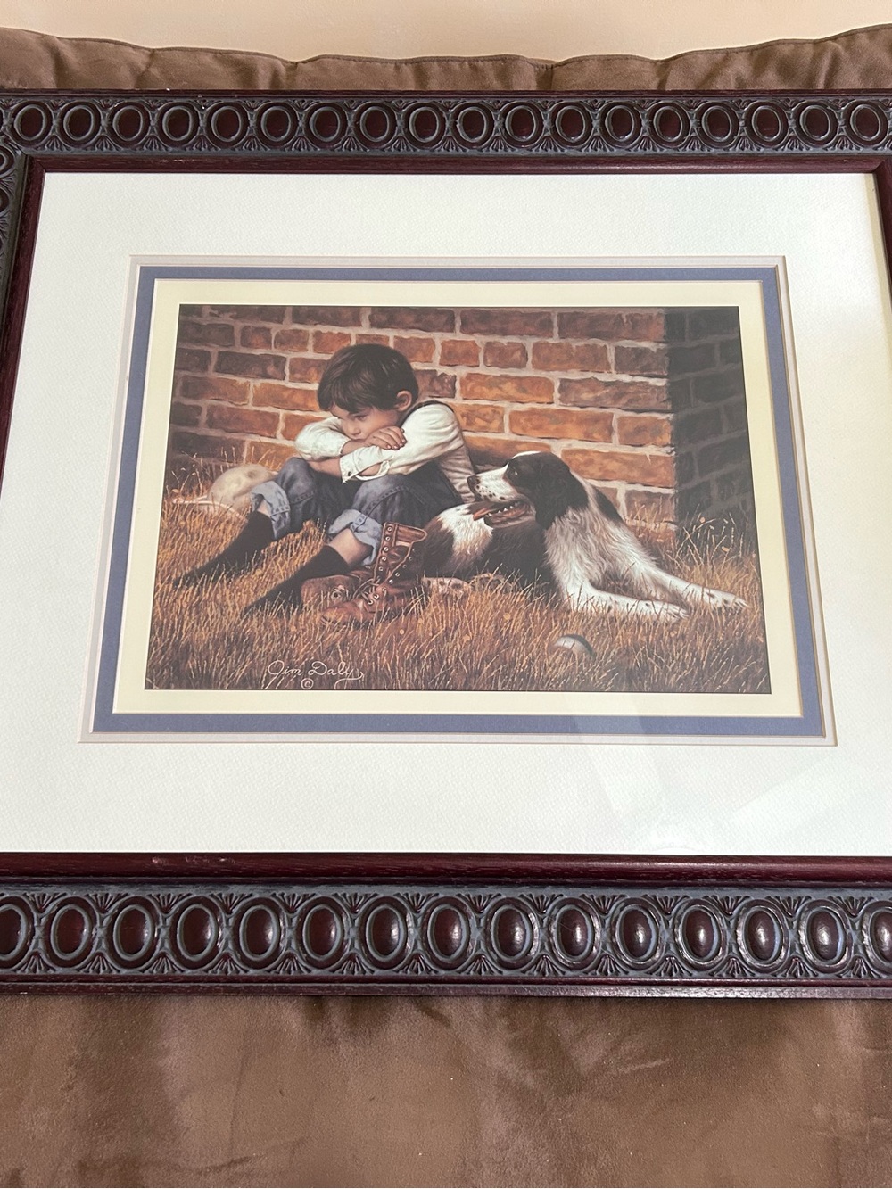 Framed Boy and Dog Wall Art Print in Brown and Cream